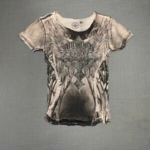 Affliction T-Shirt Womens Large Rhinestone Cross Goth Wings Crystal Wash L